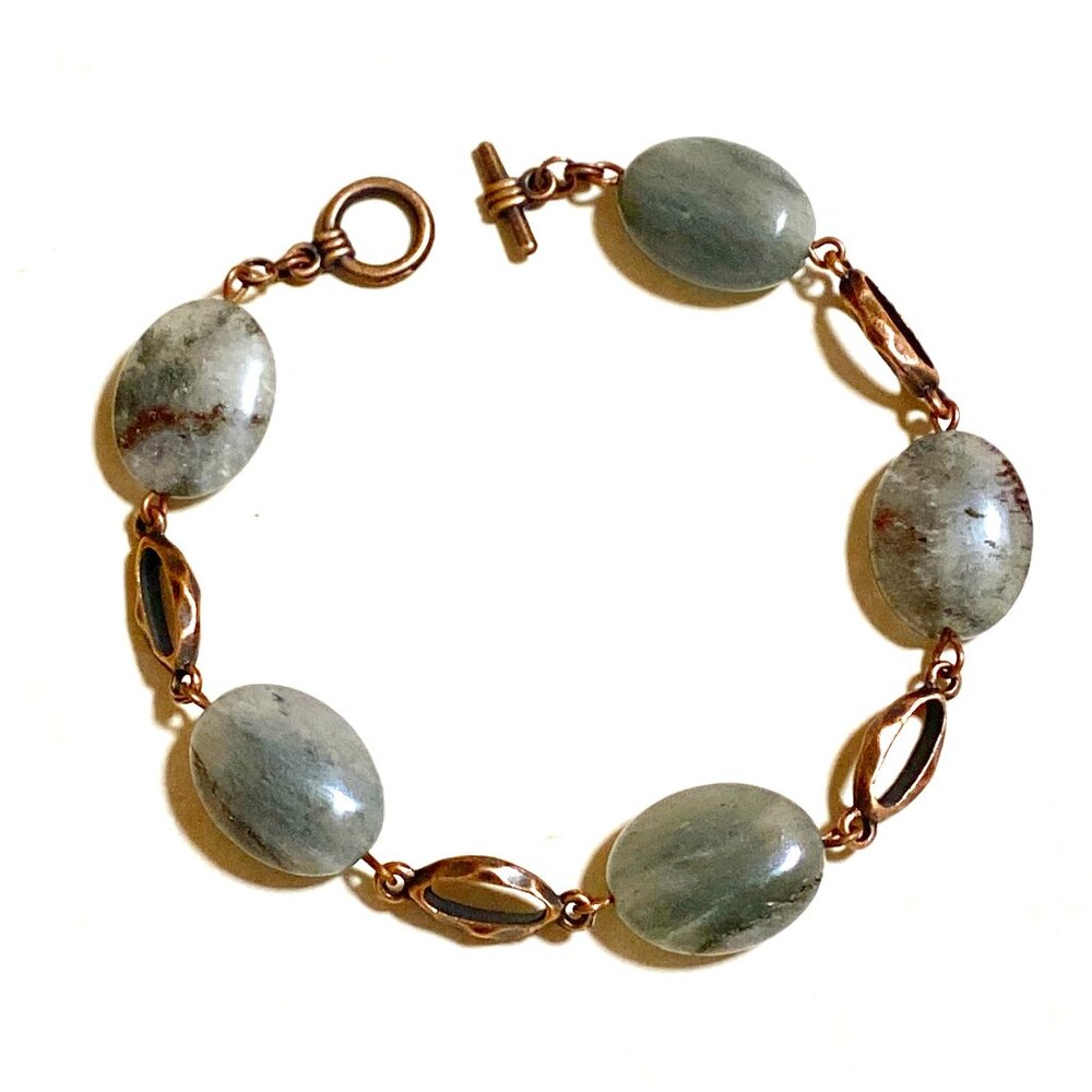 2/$20, Gray Green Rutilated Quartz Bracelet, Genuine Gemstone + Copper Chain